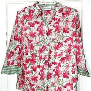 ALFRED DUNNER BLOUSE LADIES SIZE 14 pink green white floral check 3/4 sleeve
